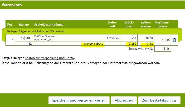Mengenrabatt Warenkorbansicht